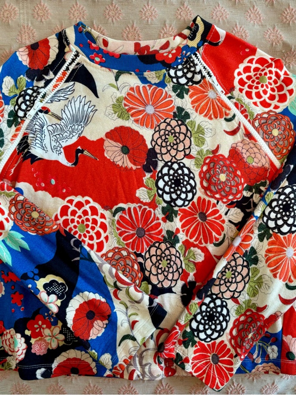Carven Multicolor Floral Crane Print Pullover with Zipper Detail